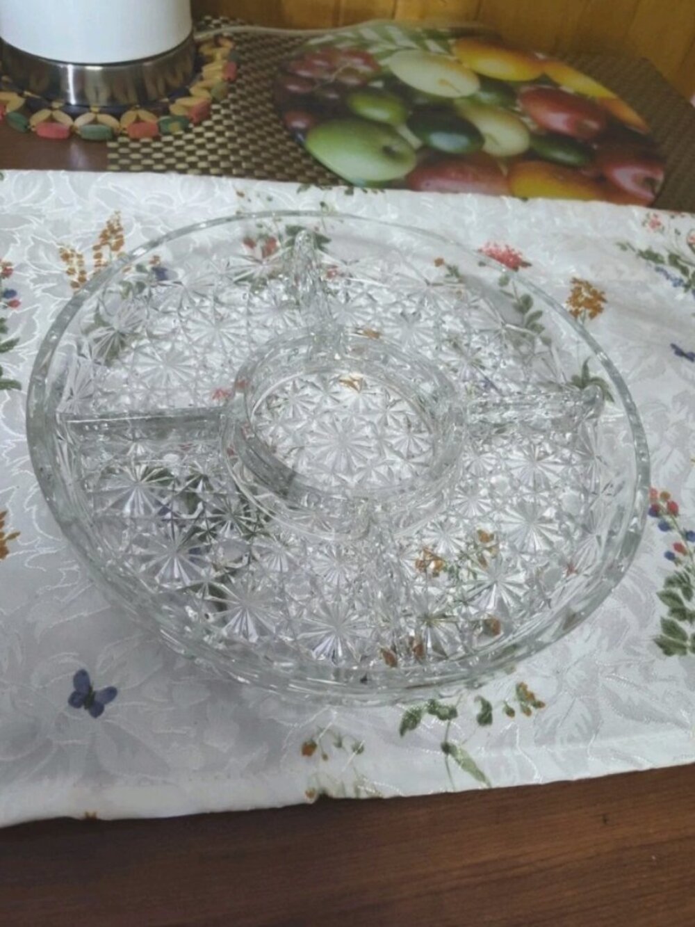 Vintage Indiana Glass Divided Dish Platter Daisy & Button Starbust  Design